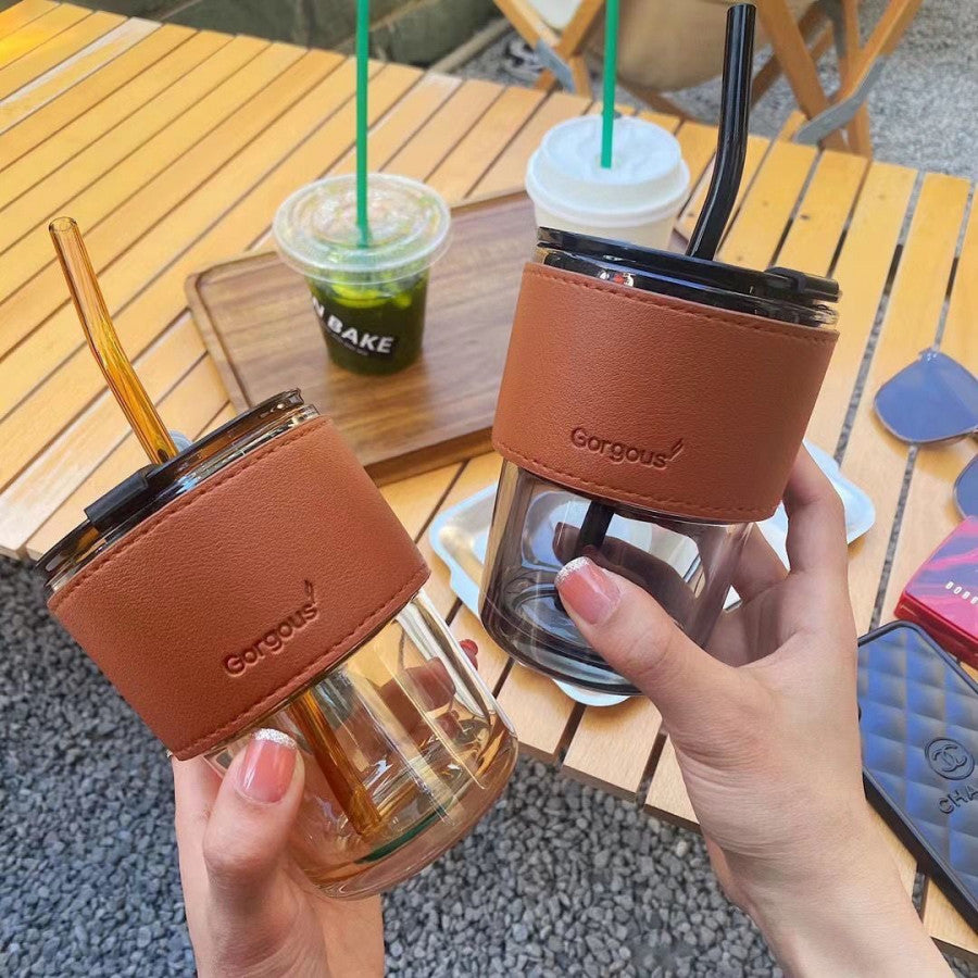 GLASS MUG WITH STRAW AND COVER 400 ML (PACK OF 2)
