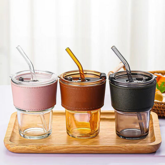 GLASS MUG WITH STRAW AND COVER 400 ML (PACK OF 2)