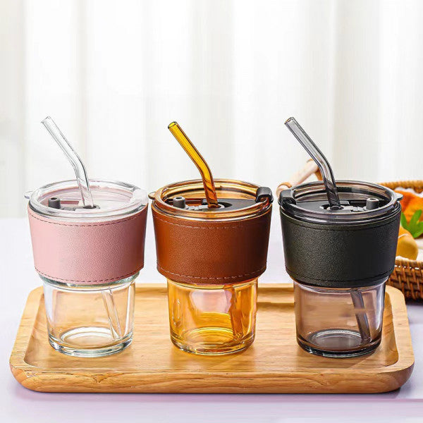 GLASS MUG WITH STRAW AND COVER 400 ML (PACK OF 2)