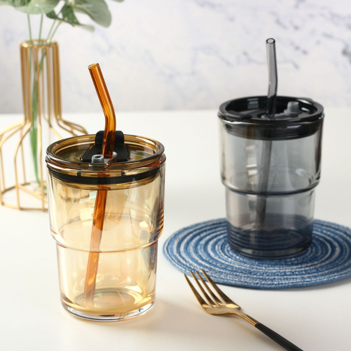 GLASS MUG WITH STRAW AND COVER 400 ML (PACK OF 2)
